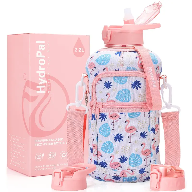 HydroPal 2.2L Water Bottle with 2 Lids - Straw & Chug Lid, Storage Sleeve & Carry Strap - BPA-Free Large Sports Water Jug for Gym, Hiking & Workouts