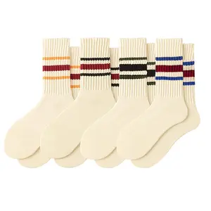 4 Pairs of Men and Women Socks 98% Cotton Crew Socks Featuring a Mix of Striped And Solid Colors, Designed As Long Socks That Are Breathable And Moisture-Wicking. Making Them Ideal for Fitness, Basketball
