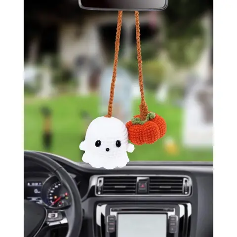 Handmade Crochet Pumpkin & Ghost Car Hanging Decoration - Cute Amigurumi Yarn Mirror Ornament with LED Lights, Halloween Party Favors for Amigurumi Lovers & Cute Car Accessories Enthusiasts
