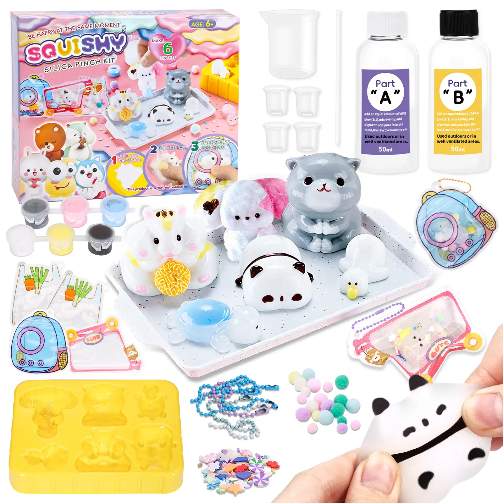 Crelloci Animal Taba Squishy Kit, 1:1 AB Liquid Silicone DIY Squishy Making Kit with 6 Animal Molds, Make Your Own Slow Rising Stress Relief Toys, Craft Kits for Kids & Adults