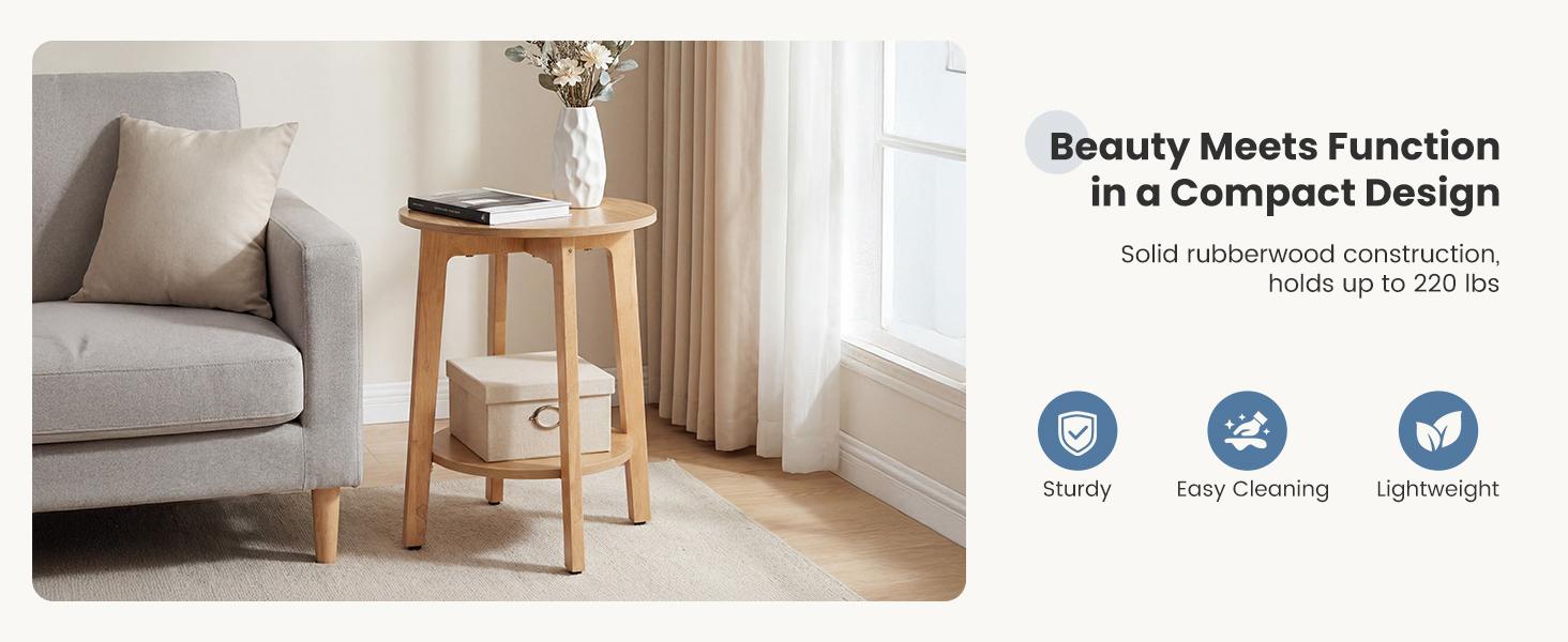 Small Round End Table, 2-Pack, 15.75" Diameter × 20.28" Height, Natural Wood Finish Nightstand with Tapered Legs & Curved Transitions, for Small Spaces Living Room Bedroom