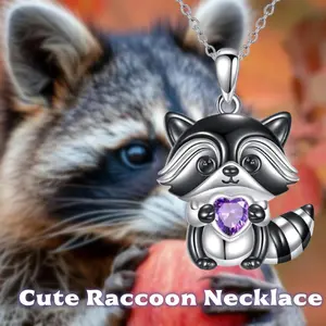 Cute Raccoon Pendant Necklace for Women, Adorable Animal Jewelry with Artificial Heart Amethyst& Zinc Alloy Chain, Perfect Gift for Friends, Family on Birthdays, Holidays, Christmas- Dainty Fashion Accessory for Daily Wear