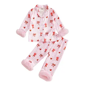 REDWOON Toddler Baby Girl Valentines Day Satin Pajamas Set Bow Heart Print Feather Trim Long Sleeve Button Down Tops Long Pants 2Pcs Pjs Sleepwear Outfits