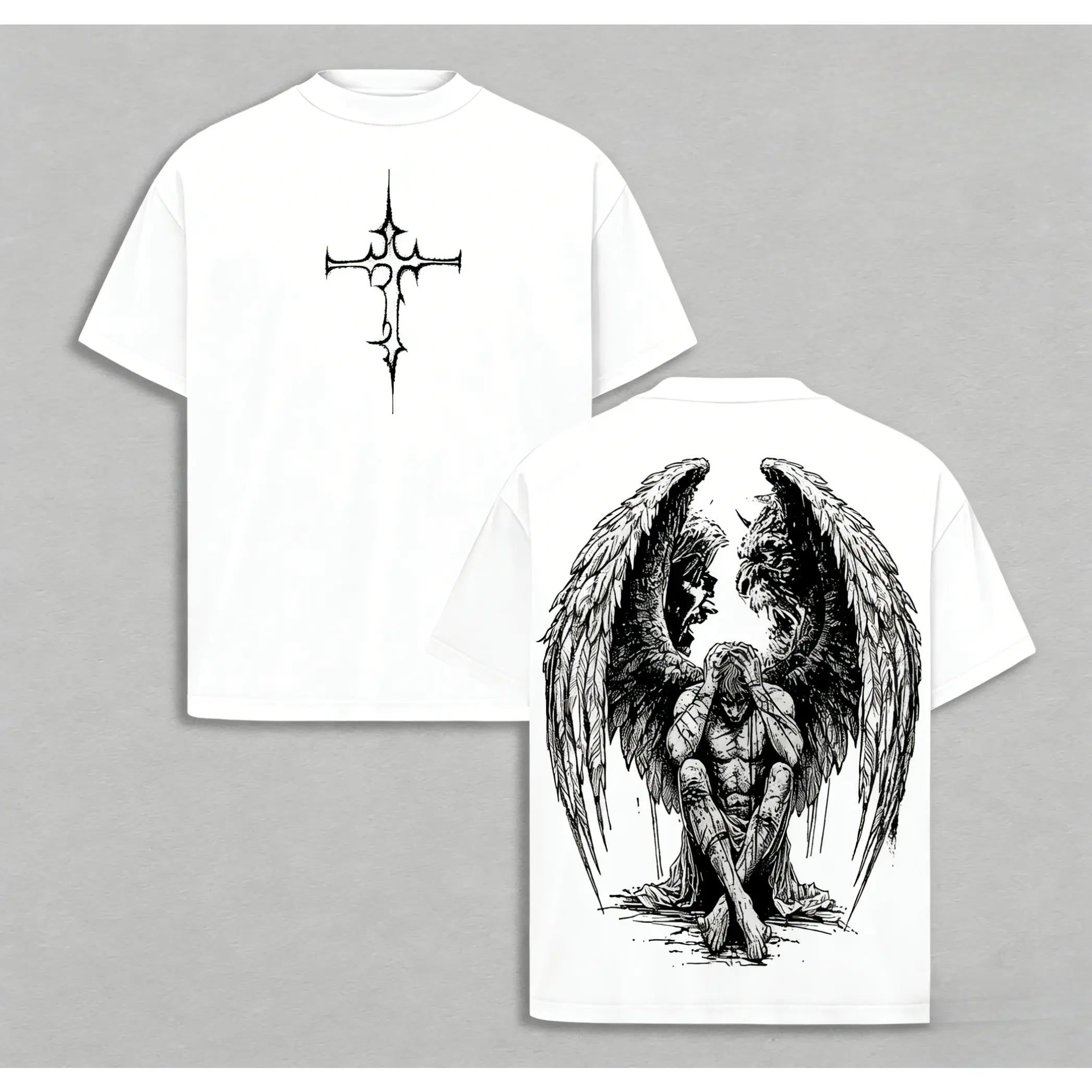 Tormented Angel T-Shirt Washed , Fallen Dark Angel Oversized Tee, Gothic Angel of Despair Shirt, Heavyweight Cotton  Heaven and Hell Streetwear Angel vs Demon Art Jesus Apparel Christ the Savior-ZB