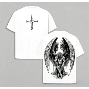 Tormented Angel T-Shirt Washed , Fallen Dark Angel Oversized Tee, Gothic Angel of Despair Shirt, Heavyweight Cotton  Heaven and Hell Streetwear Angel vs Demon Art Jesus Apparel Christ the Savior-ZB