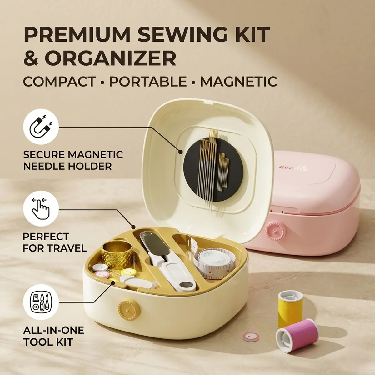 Portable Adult Sewing Craft Kit Tools - Compact DIY Set with Magnetic Tool Holder, Thread Scissors, Measuring Tape, Needle Threader for Home, Travel, Dorm Repairs, Faster Stitching, Reduced Eye Strain