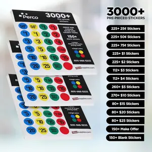 Perco Garage Sale Price Stickers - 3000+ Pre-Priced & 75+ Blank Stickers - Easy-to-Read Price Tags for Yard Sales, Flea Markets, County Fairs & Retail Use - 4 Bright Colors