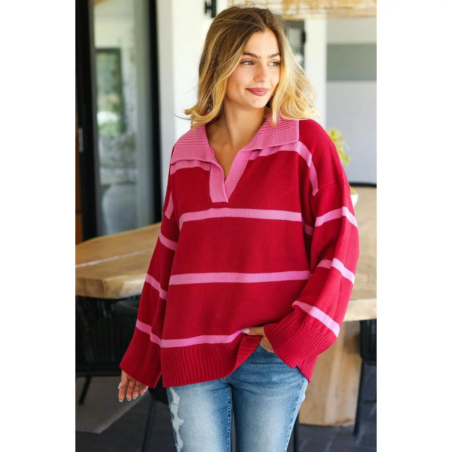 Haptics Collared Neck Striped Contrast Sweater