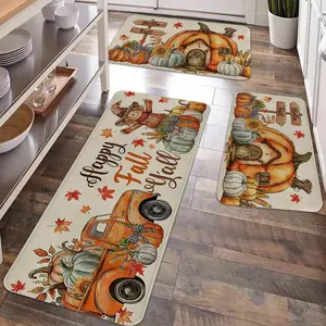2/3pcs Autumn Thanksgiving Watercolor Pumpkin Kitchen Floor Mat Carpet, Retro Pumpkin Printed Flannel Soft, Anti Drop, Anti Slip, Floor Mat, Thanksgiving Party Kitchen, Dining Room, Living Room, Entrance Door, Laundry Floor Decoration Carpet