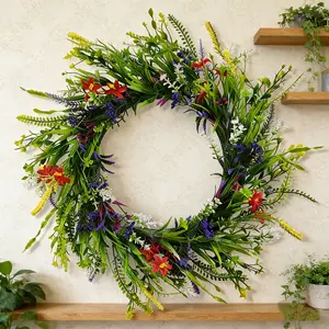 17.72 inch large spring/summer floral wreath, including daisies and lavender - simulated wildflower door decoration, suitable for front doors, indoor and outdoor weddings and holiday decorations, realistic plastic floral material, maintenance free