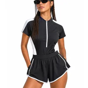 CEO Energy Zip Front Swimsuit Black White Sporty One Piece Swimwear for Women Trendy Athletic Bathing Suit TikTok Viral Modest Swim Romper Short Sleeve Zip Up Beachwear Summer Vacation Poolside Outfit Active Swim Fashion