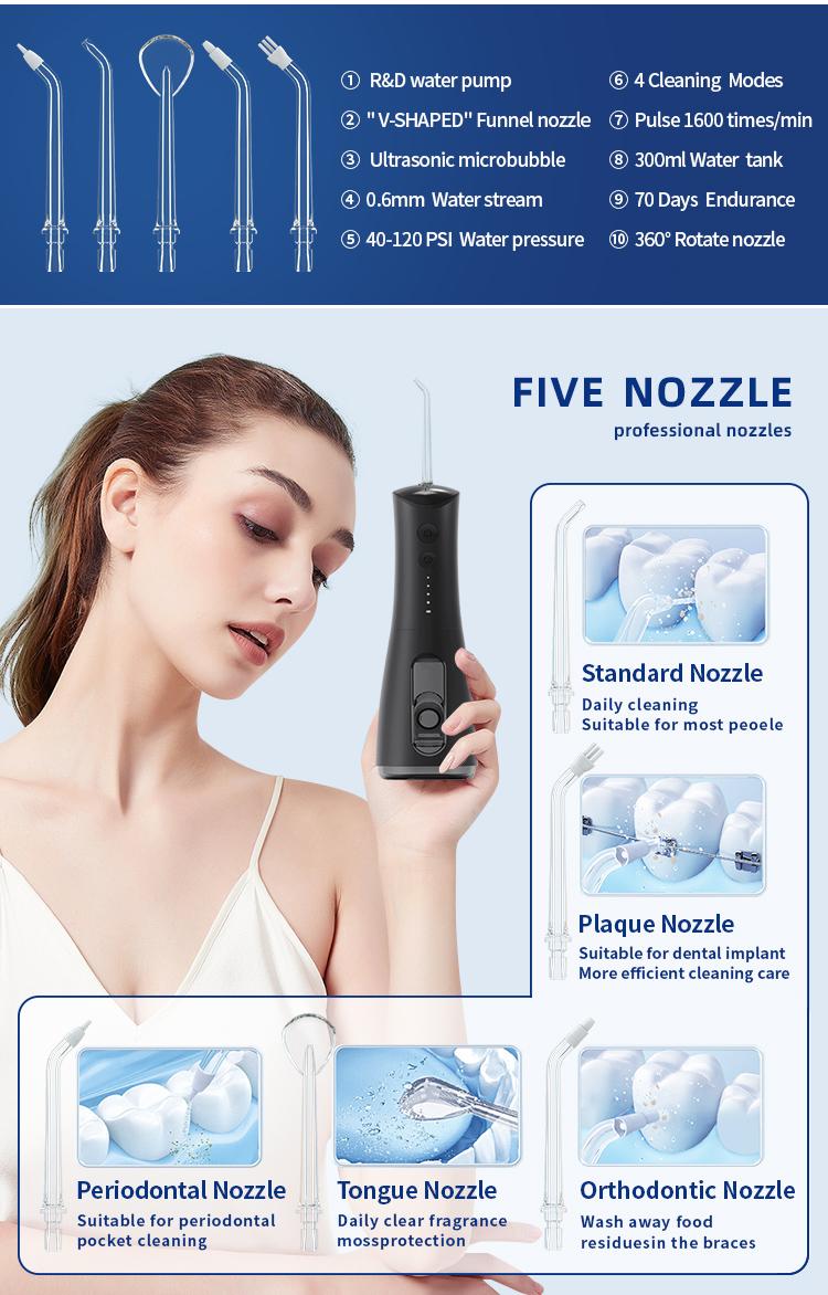 Water Flosser  Cordless Water Flosser (300 mL) — 4 water pressure settings 5 nozzle tips | Portable oral care device ideal for people with braces and for travel