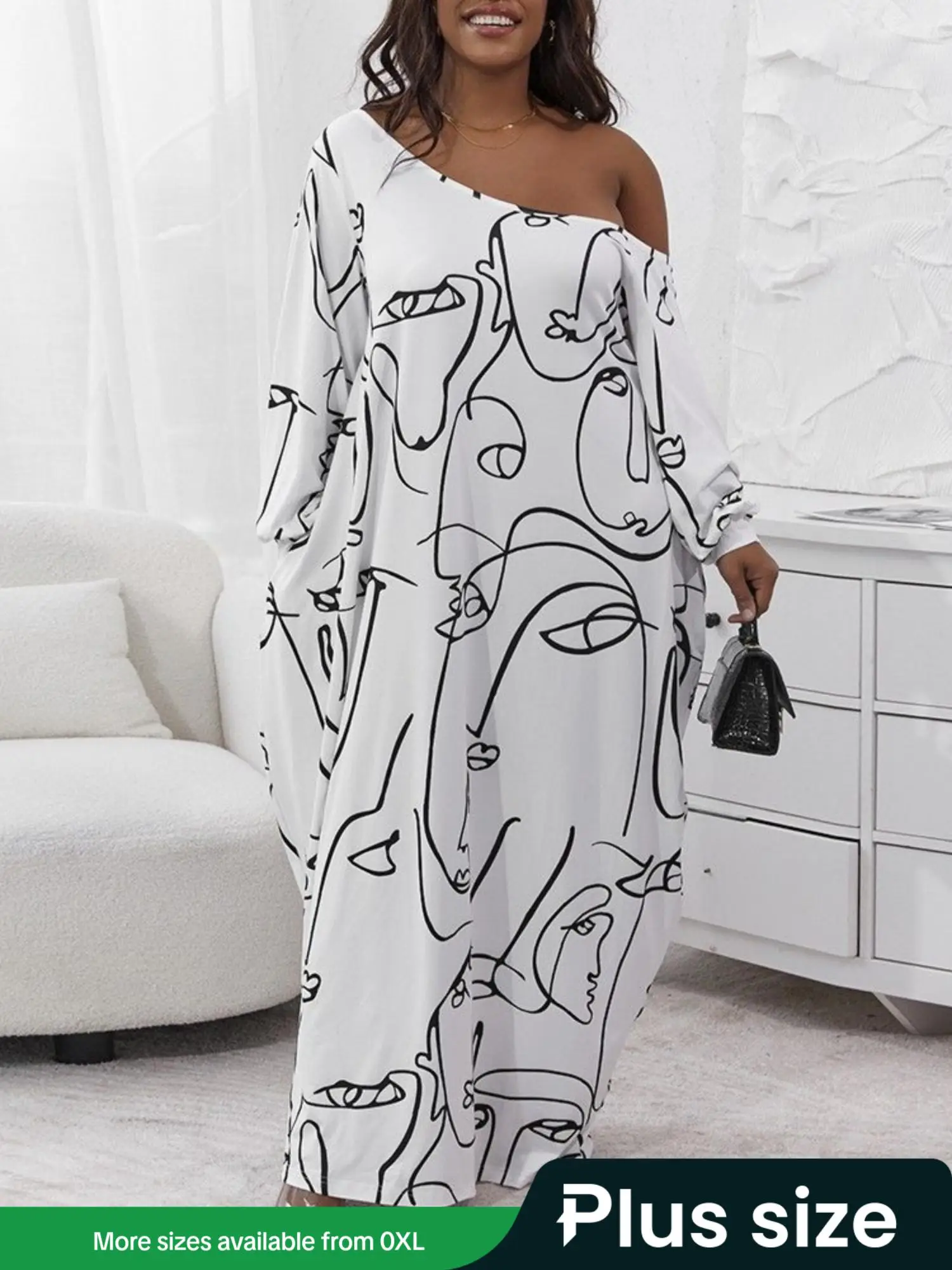 Plus All Over Abstract Print Pocket Drop Shoulder Tee Dress, Casual Long Sleeve Asymmetrical Neck Dress for Spring & Fall, Women's Clothes for Daily W