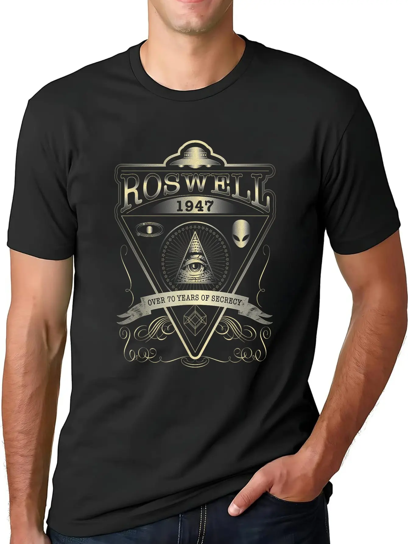 Men's 100% Cotton Short-Sleeve Round Neck Casual Distressed Graphic Menswear T-Shirt - Whimsical Roswell 1947 Alien, Vintage UFO, Area 51 Casual Wear