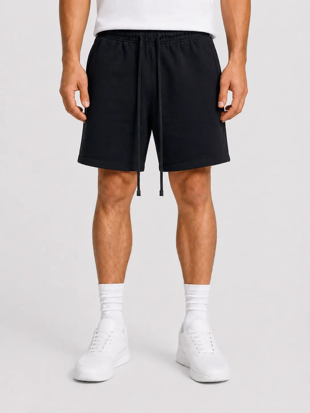 Men's Unisex Black Heavy Soft Fleece Above-the-Knee Loose-Fitting Elastic Waist Casual Streetwear Loungewear Bottoms Basic Menswear Shorts