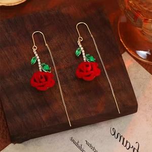 LisiZen Red Rose Vintage Earrings for Women 2025, Elegant Retro Design, Long Slim Tassel Minimalist Chic Jewelry DZEH4534 Sparkling Crystal Accents