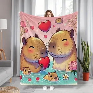 1pc Warm Capybara Family Theme Flannel Blanket, Comfortable and Lightweight Multi-purpose Blanket for Sofa, Bed, Car, Office, Suitable for All Seasons, Ideal Birthday Gift