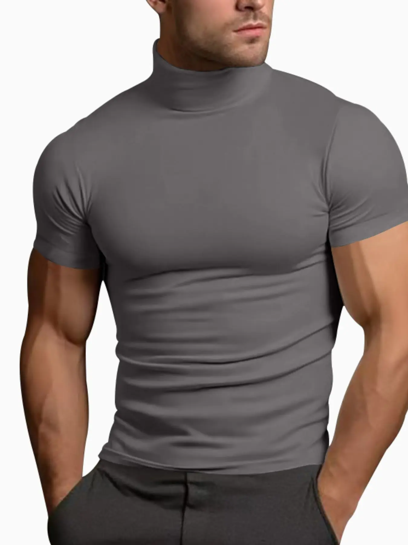 Men's Solid Color Plain Slim Fit High Neck T-Shirt, Summer Short Sleeve Basic Layer Top, Casual Fashion Streetwear T-Shirt for Men