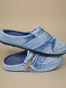 New Hole Design Trendy Men's Shoes, Versatile Sports Slippers for Daily Use, Retro Style Denim Sandals with Toe Caps, Comfortable Half Slippers, Unique Sandals, Fashionable Slippers