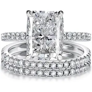 4.0ct Radiant Cut Engagement Ring Set,Rectangle Crushed Ice D Color 925 Sterling Silver Bridal Ring Set with Half Eternity  Wedding Ring princess cut halorings