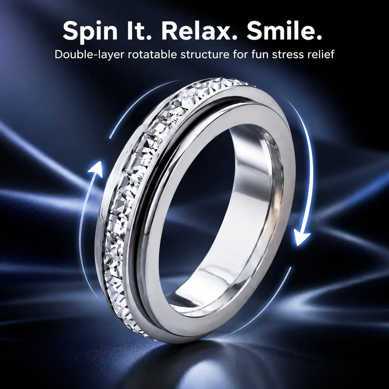 Rotatable Stress-Relief Eternity Ring, Titanium Steel Band with Square Zircons in Sizes 6-9, Spinning Design for Office Work, Cafe Relaxing, and Street Photo Shoots, Perfect Gift