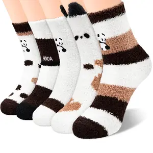 YSense Fuzzy Socks for Women 5 Pairs Winter Warm Fluffy Slipper Socks Soft Cute Cat Animal Socks