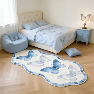 Vintage Wave Shape Long Rug, Gradient Blue Butterfly Bedside Blanket, Soft Comfortable Carpet, Boho Style Decor for Bedroom Living Room, Butterfly Area Rug