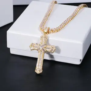 [ICE HUE]18K Gold Vacuum Plated Copper with 5A+ Sri Lanka Zircon Baguette Jesus Cross Design Pendant With Tennis Necklace Miami Italy Mexico & Micro Inspired for Women & Men Luxury Jewelry,Daily Wear,Casual Fashion,Gift Idea,Chicano,Classic,Hip Hop