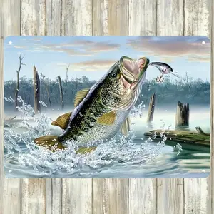 1pc Fishing Bass Jumping Scene 8x12 Inch Aluminum Sign Outdoor Fishing Theme Wall Decor for Home, Cabin & Fishing Enthusiasts