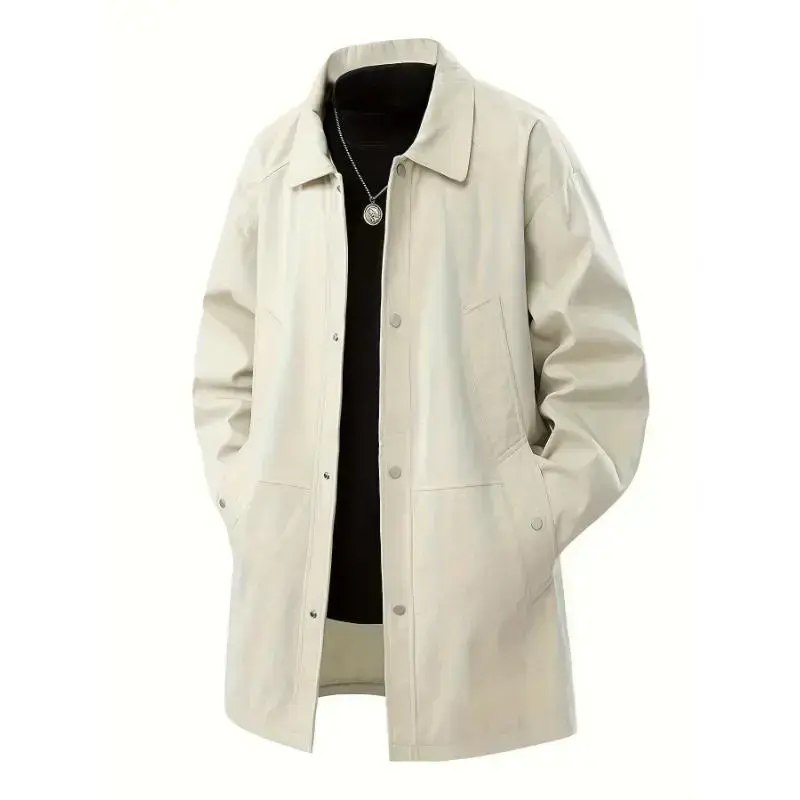 Men'S Casual Long-Cardigan Collar Windbreaker Jacket - Loose Fit, Button-Up, Pockets, Polyester, Beige, Perfect for Spring & Fall, Spring Jacket | Long Cardigan | Polyester Jacket, Windbreaker Jacket, Plus SizeGift