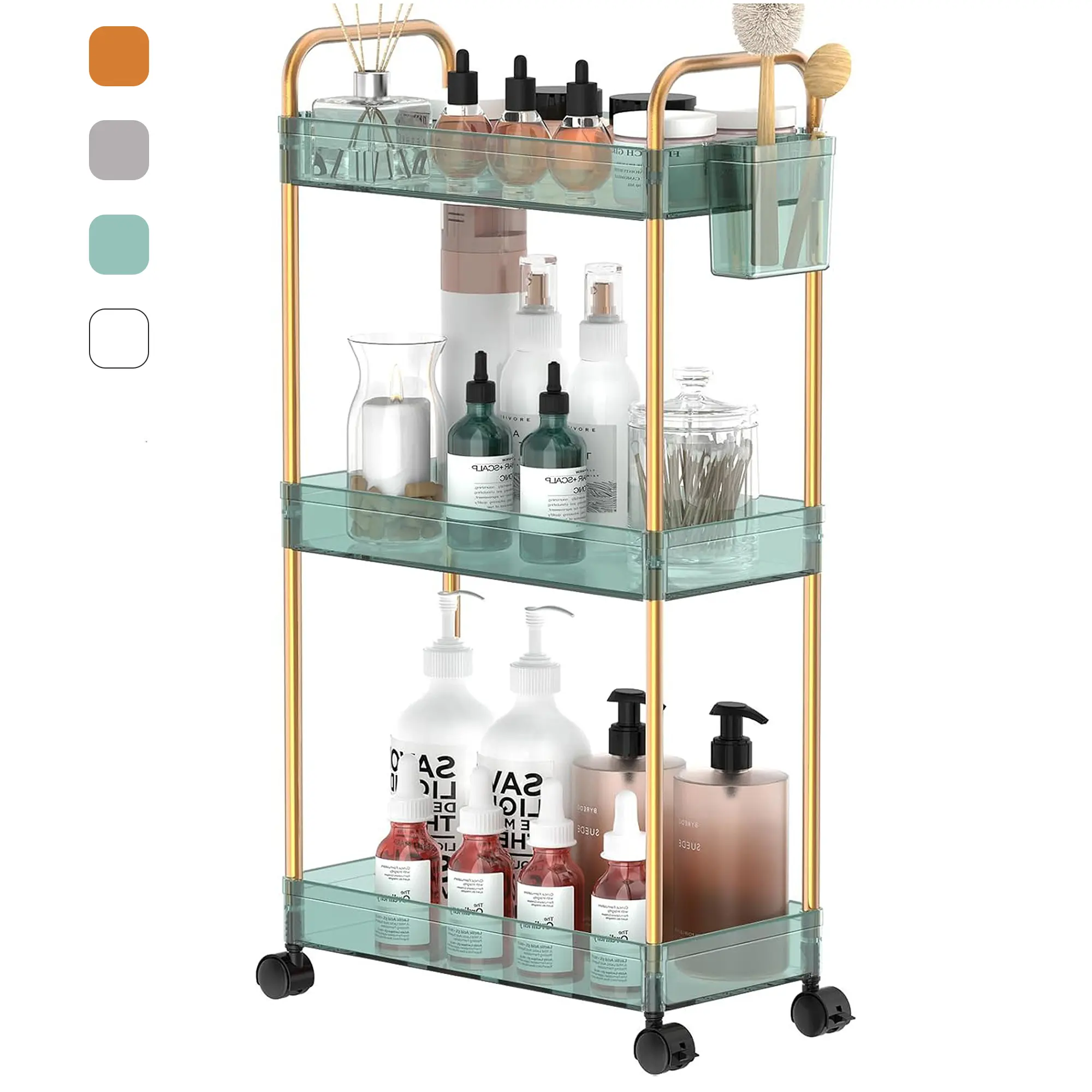 3 Tier Acrylic Storage Rolling Cart Clear Bathroom Cart Organizer, Transparency Laundry Room Organization Mobile Shelving Unit Multifunction Rolling Utility Cart for Office Living Room｜Amber｜Gray｜Green｜Clear