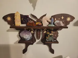 Rustic Wooden Crystal Shelf | Cat Moon, Moth, Hamsa, Wolf Design | Perfect for Spiritual Decor Wall