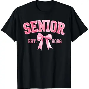 Women's Short-Sleeve Casual Streetwear Class of 2026 Graduation T-Shirt, Coquette Pink Bow Design, Natural Fabric for Seniors 2026
