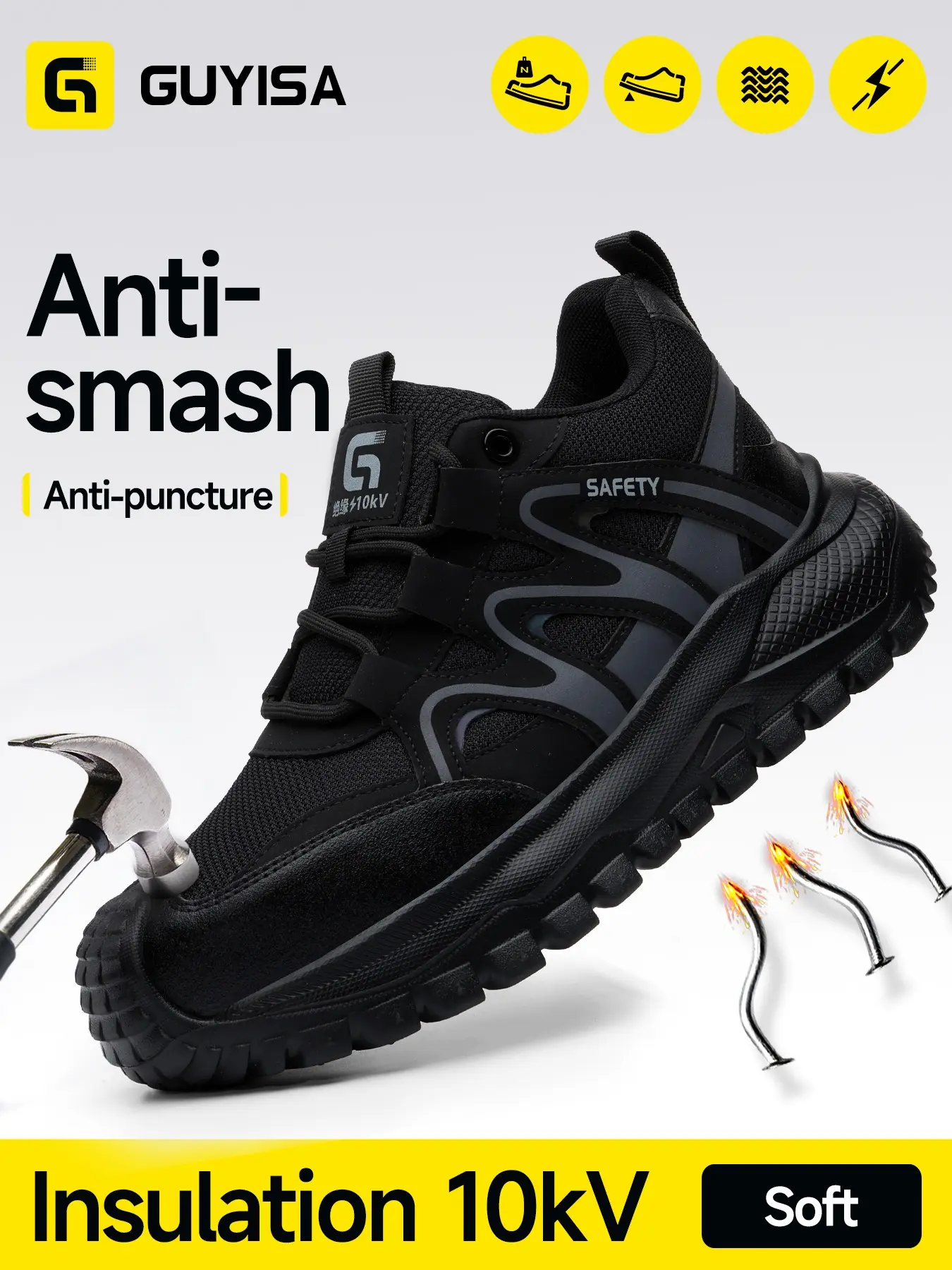 Safety Shoes for Men Worker, Protective Work Shoes, Anti-Compression & Anti-Puncture Design, Insulated 10kv European Standard, Kevlar Sole, 4mm Thickness, Safety Footwear