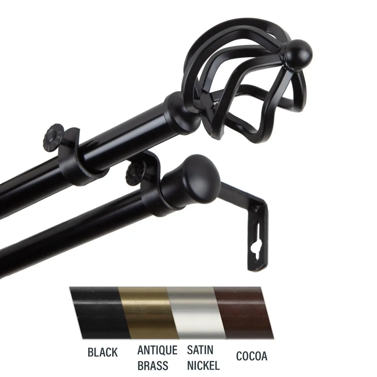 Central Design Giro Adjustable Double Curtain Rod with Holdback, 0.81 in. Diameter, 120-170 in. Length - Black, Adjustable Curtain Rod, Rod + Holdback