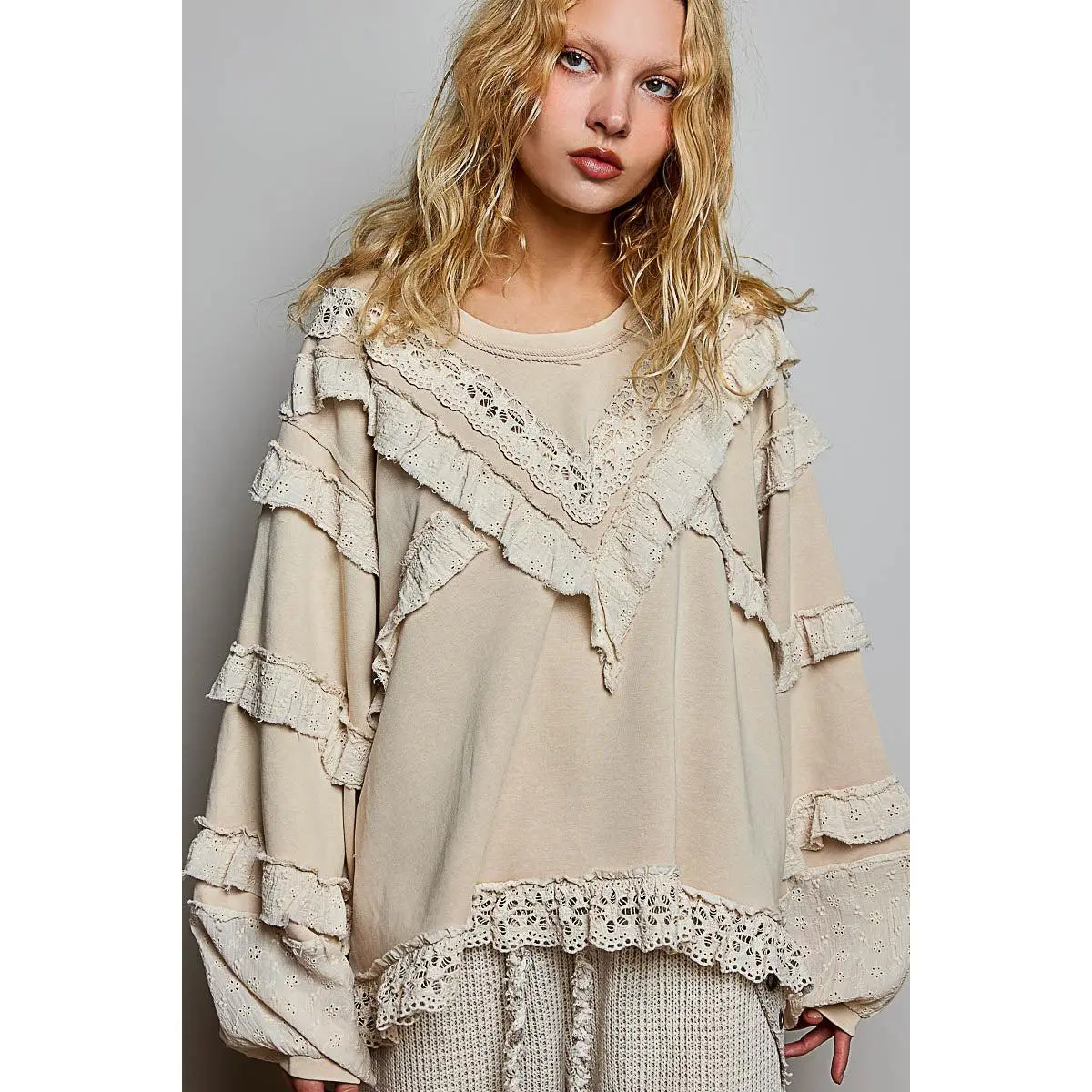 Matilda French Terry Top with Ruffles in Nude Beige