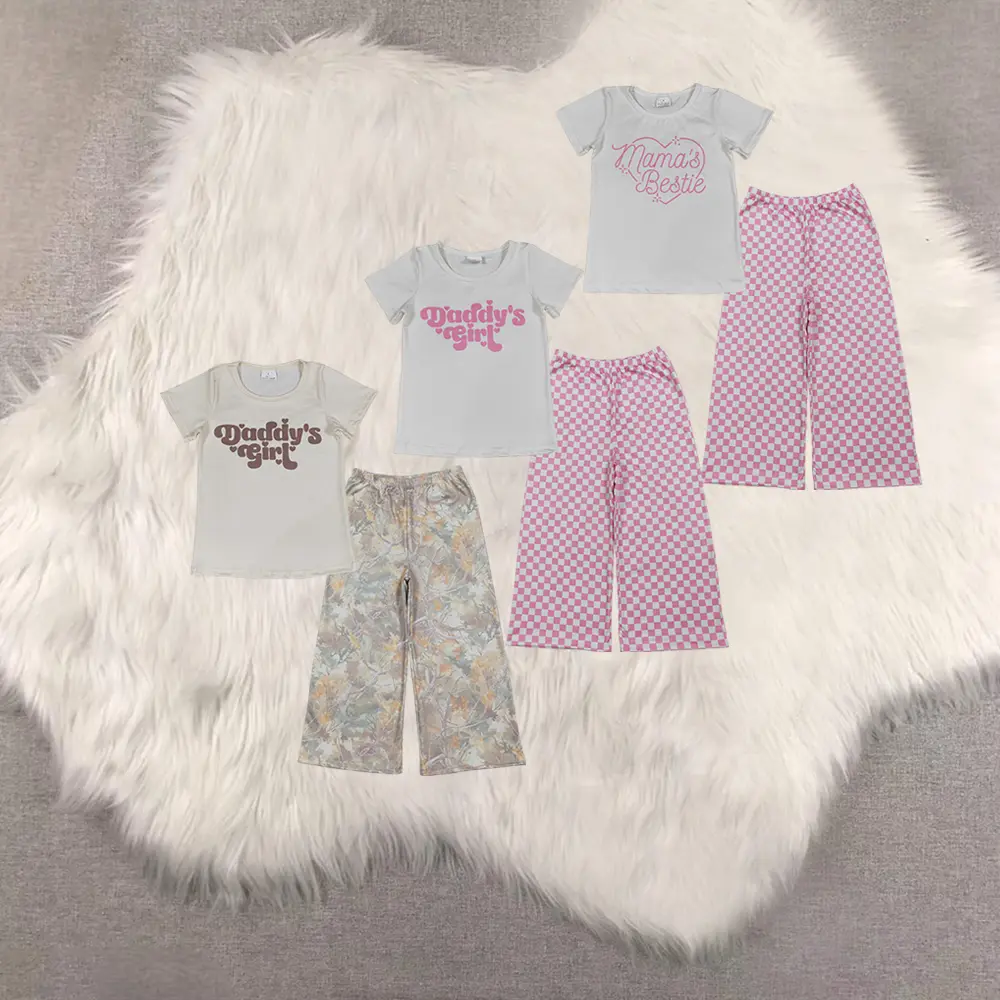New cute Sibling Matching Sets Girls Outfit Set with Short Sleeve Mama's Bestie Heart Top And Pink Plaid Pants Daddy's Girl Camo Pants for Children