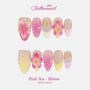 Fullovenail Pink Sea Bloom Almond Shape 10 PCS Reusable 3D Gel Fake Nails Acrylic Press on Nail Summer 2025 Solid Handmade Beginner Kit