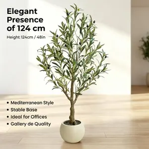 Artificial Olive Tree in White Pot (4FT) - Lifelike Faux Indoor Plant for Home & Office Decor