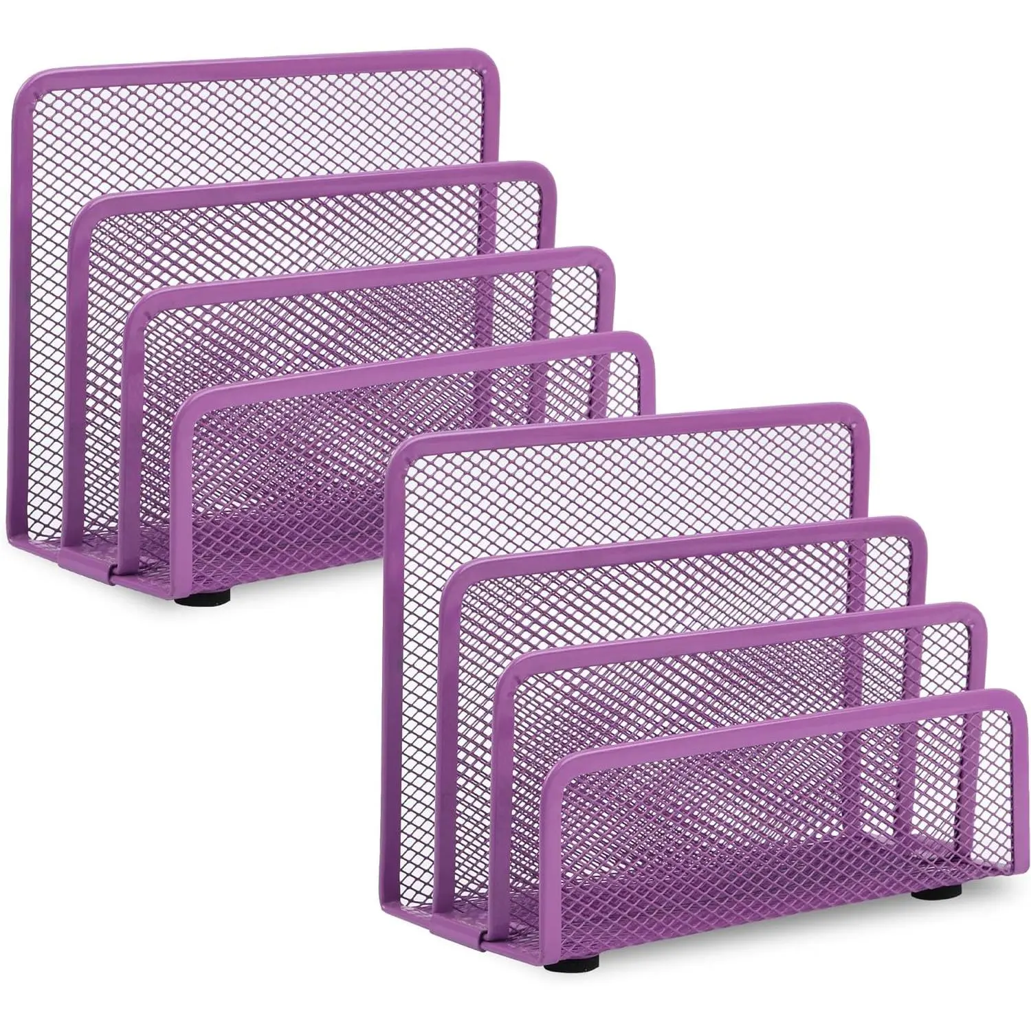 2-Pack Purple Metal Mesh Desk Mail Organizer - Office Small Desktop Envelope Letter Sorter with 3 Vertical Upright Compartments, 6.9" W x 3" D x 5.3" H, Open Design, No Installation Needed, Keeps Desk Organized, Purple-Coated Steel, Industrial Look, See-T
