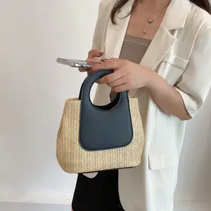 Retro Color-Matched Patchwork Straw Bag – Large Capacity Hand-Woven Bag – Simple & Fashionable Single-Shoulder & Handheld Handbag for Women