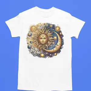 Celestial Sun Moon and Stars Tshirt for Astronomy Enthusiasts Comfortable Fabric Ideal for Casual Wear Parties and Events