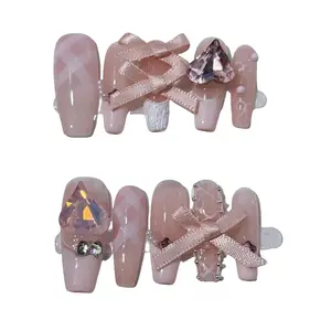 J11 Hand-worn nail pink ballet French bow nail fake nail patch finished long