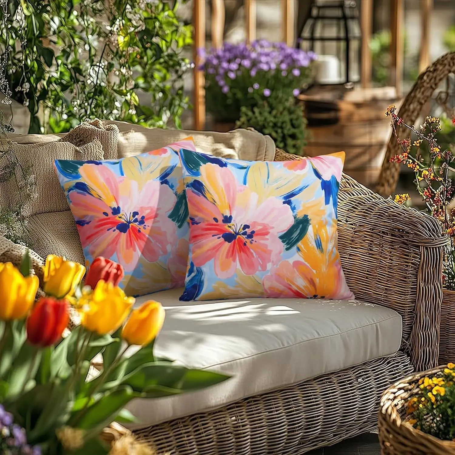 Waterproof Outdoor Pillow Cover, Colorful Floral Decorative 18x18 Inch, Suitable for Garden Furniture, Beach - 2 Pack, Home Textile