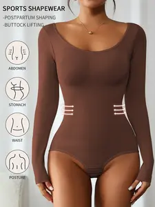 1 Pack Solid Color Crew Neck High Stretch Shapewear Women's Fall & Winter Long Sleeve Jumpsuit Bottom and Inner Layer Crotch Button Tighten Abdomen and Buttocks No Underwear No Underwear Body Shaping Body Solid Color One-Piece Shapewear for Women