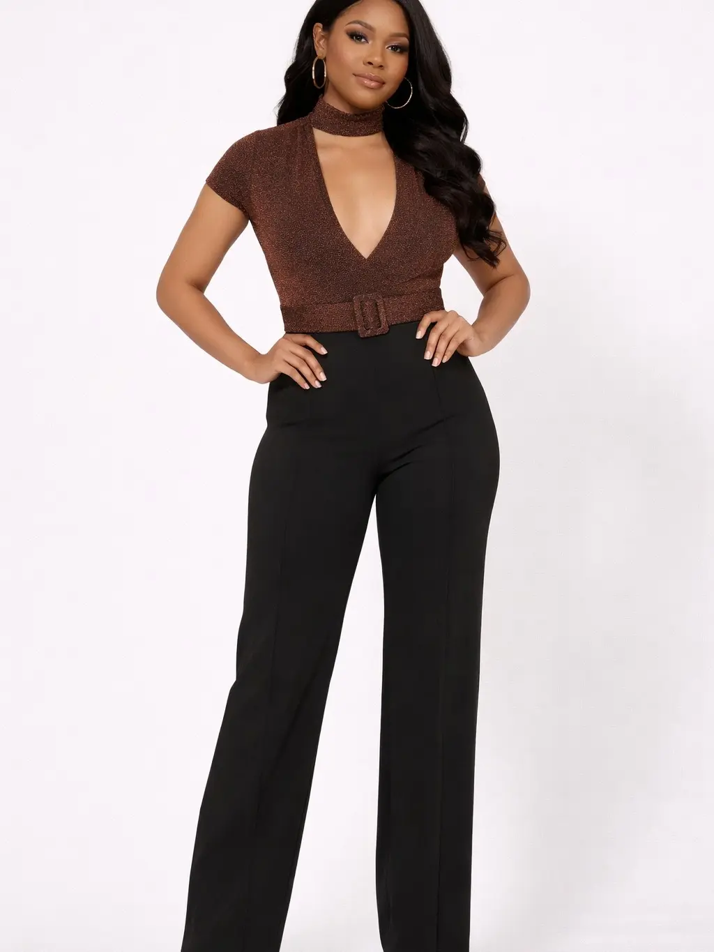 WOMEN DEEP OPEN CHOKER NECK JUMPSUIT COPPER Adjustable Formal OL Style with Belted Waistband & Boot-Cut Bottoms for All Seasons Cap Sleeves Elegant One-Piece Suit
