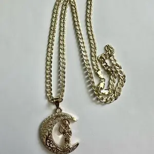 Gold Plated Santa Muerte Moon Pendant 24” Cuban chain Necklaces