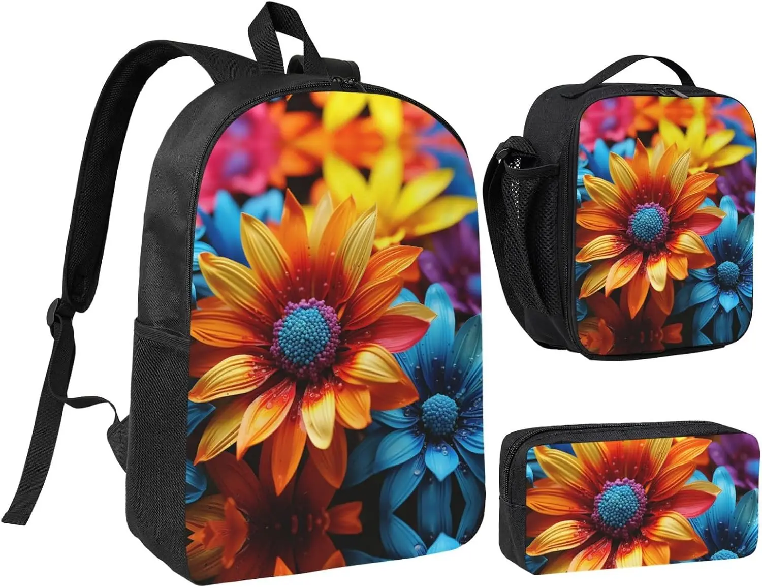 Colorful Sunflower Backpack Set 3 PCS - 17 Inch Laptop Backpack with Lunch Bag, Waterproof Daypack Insulated Lunch Box Large Capacity Coin Pouch Personalized Gift