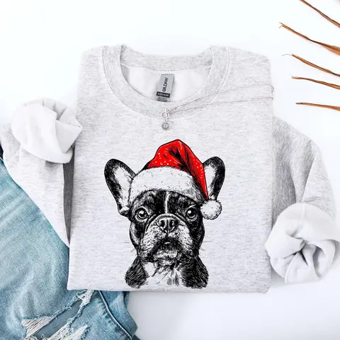 Frenchie Santa French Bulldog Christmas Dog Lover Festive Holiday Portrait Sweatshirt, Crew Neck, Women's, Crewneck
