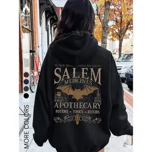 Women’s Halloween Letter & Bat Print Drop Shoulder Hoodie, Fashion Casual Drawstring Pocket Hooded Sweatshirt for Daily Holiday Outdoor Wear, Ladies Clothes for Spring & Fall